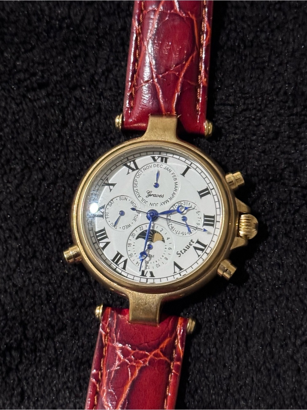 Stauer Gold-Tone Chronograph Watch with Brown-Red Leather Strap